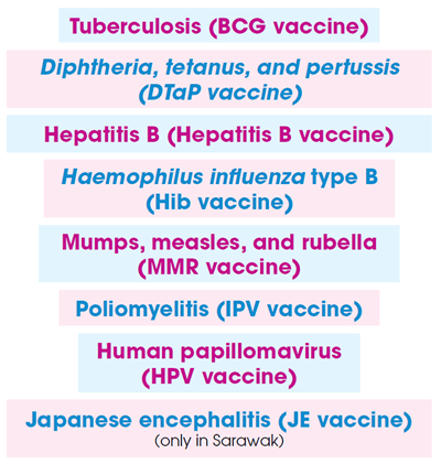 Tuberculosis (BCG vaccine), Diphtheria, tetanus, and pertussis (DTaP vaccine), Hepatitis B (Hepatitis B vaccine), Haemophilus influenza type B (Hib vaccine), Mumps, measles, and rubella (MMR vaccine), Poliomyelitis (IPV vaccine), Human papillomavirus (HPV vaccine), Japanese encephalitis (JE vaccine) (only in Sarawak)